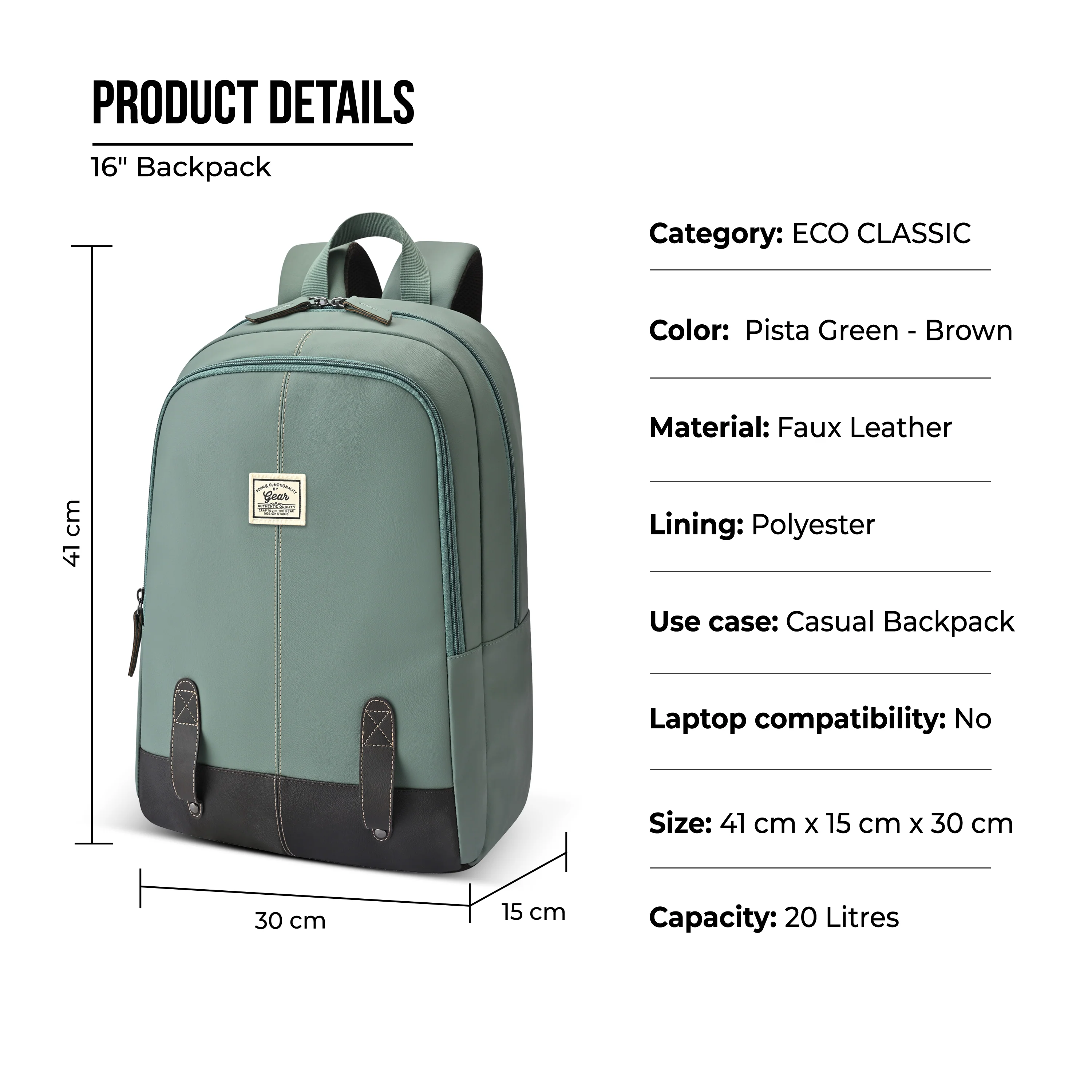 Gear Eco Classic 16” Daypack | Casual Backpack | Travel backpack for Men/Women (PISTA - BROWN) - Image 3