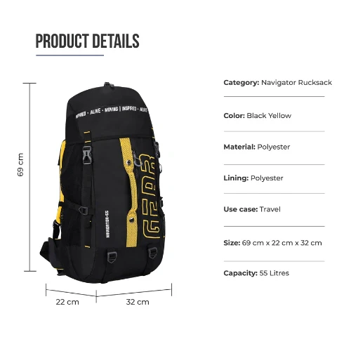 NAVIGATOR RUCKSACK 55L (BLACK- YELLOW) - Image 3