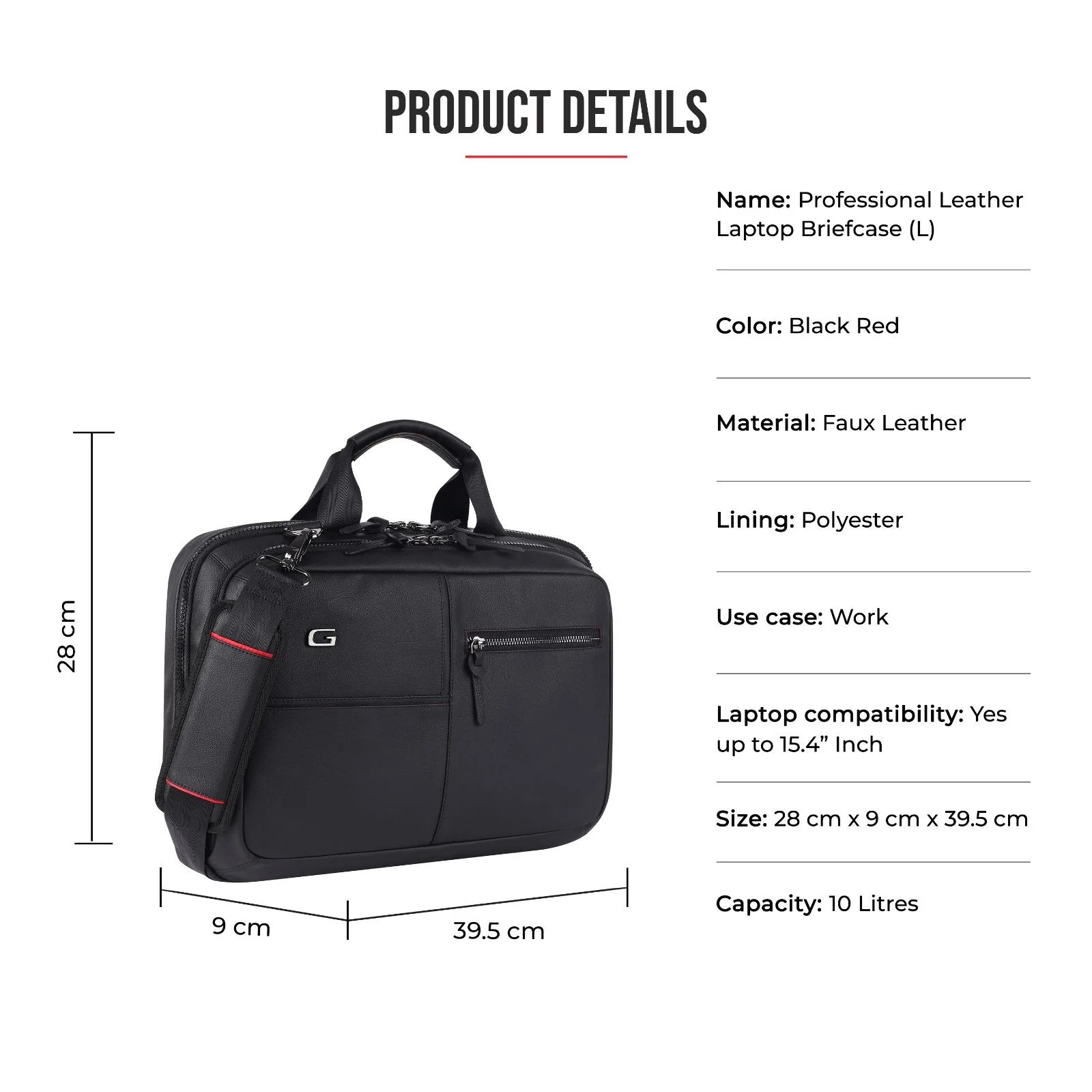 Professional leather laptop briefcase 10L (Black) - Image 3
