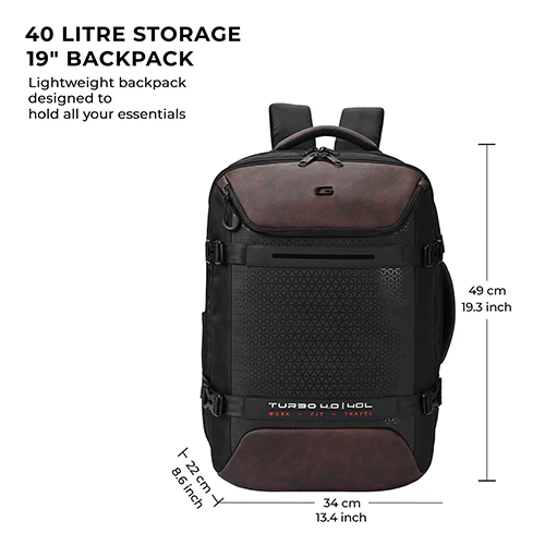 Gear Turbo 4 19"/40L Anti Theft Large Water Resistant Laptop Backpack with Raincover/Casual Backpack/Daypack/Travel Backpack/College Bag For Men/Women(Black-Brown) - Image 3