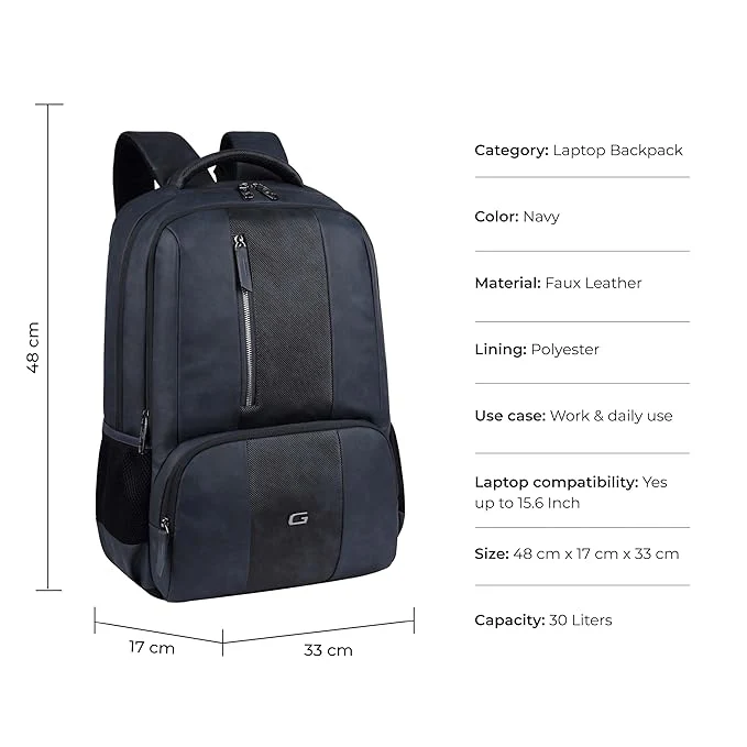 Gear Vault 19"/30L Anti Theft Faux leather Large Water Resistant Laptop Backpack/Casual Backpack/Daypack/Travel Backpack/College Bag For Men/Women (Navy Blue) - Image 2
