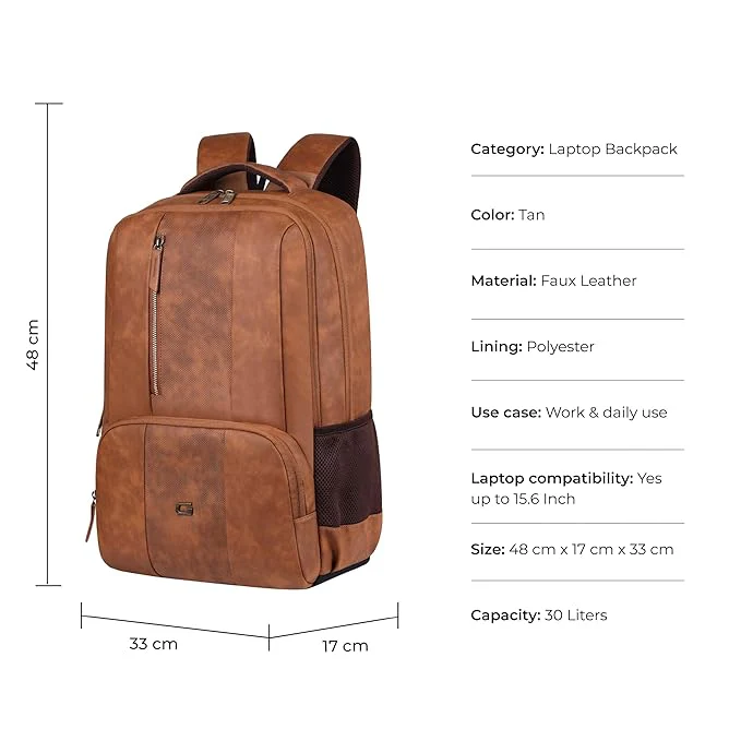Gear Vault 19"/30L Anti Theft Faux leather Large Water Resistant Laptop Backpack/Casual Backpack/Daypack/Travel Backpack/College Bag For Men/Women (Tan) - Image 2