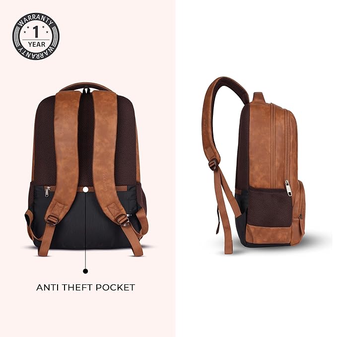 Gear Vault 19"/30L Anti Theft Faux leather Large Water Resistant Laptop Backpack/Casual Backpack/Daypack/Travel Backpack/College Bag For Men/Women (Tan) - Image 3