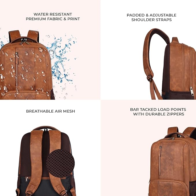 Gear Vault 19"/30L Anti Theft Faux leather Large Water Resistant Laptop Backpack/Casual Backpack/Daypack/Travel Backpack/College Bag For Men/Women (Tan) - Image 4