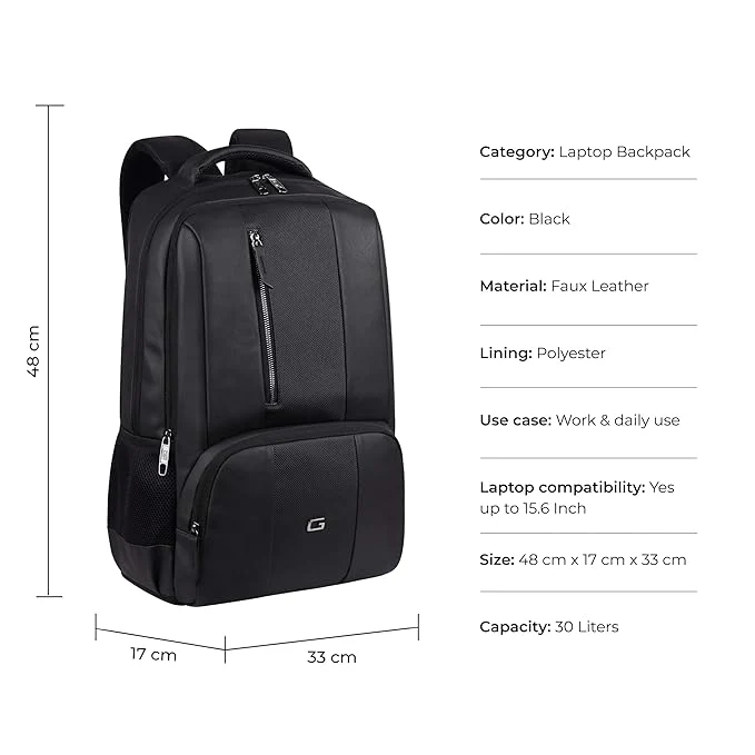 Gear Vault 19"/30L Anti Theft Faux leather Large Water Resistant Laptop Backpack/Casual Backpack/Daypack/Travel Backpack/College Bag For Men/Women (Black) - Image 2