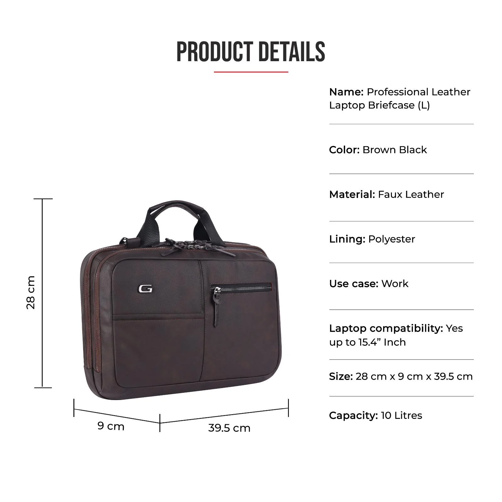 Professional leather laptop briefcase 10L (Brown) - Image 3
