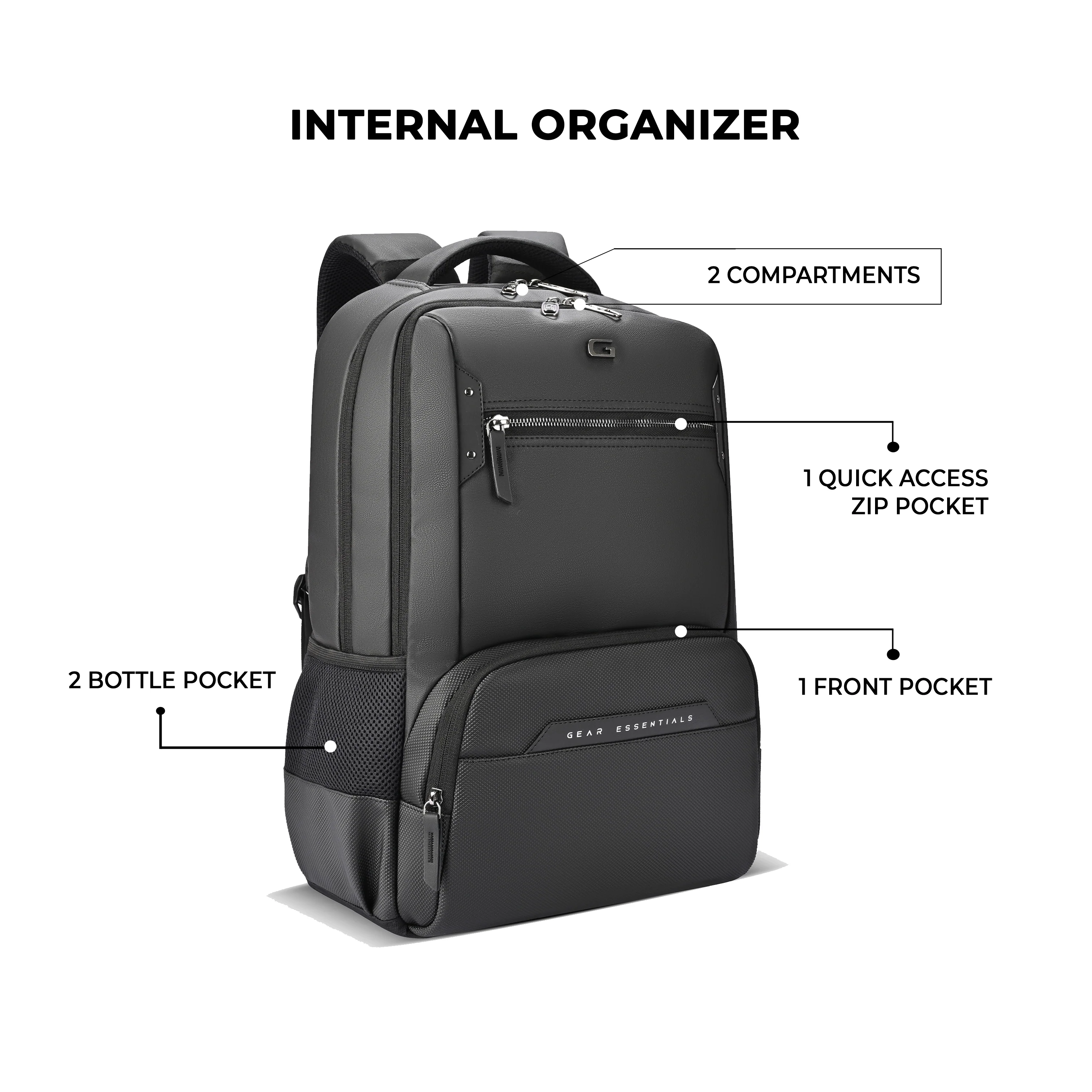 Gear Quantum 3 18"/29L Antitheft Large Faux Leather Water Resistant Laptop backpack with Raincover/Laptop backpack/Casual Backpack/Daypack/Travel Backpack/College Bag For Men/Women(Black-Black) - Image 3