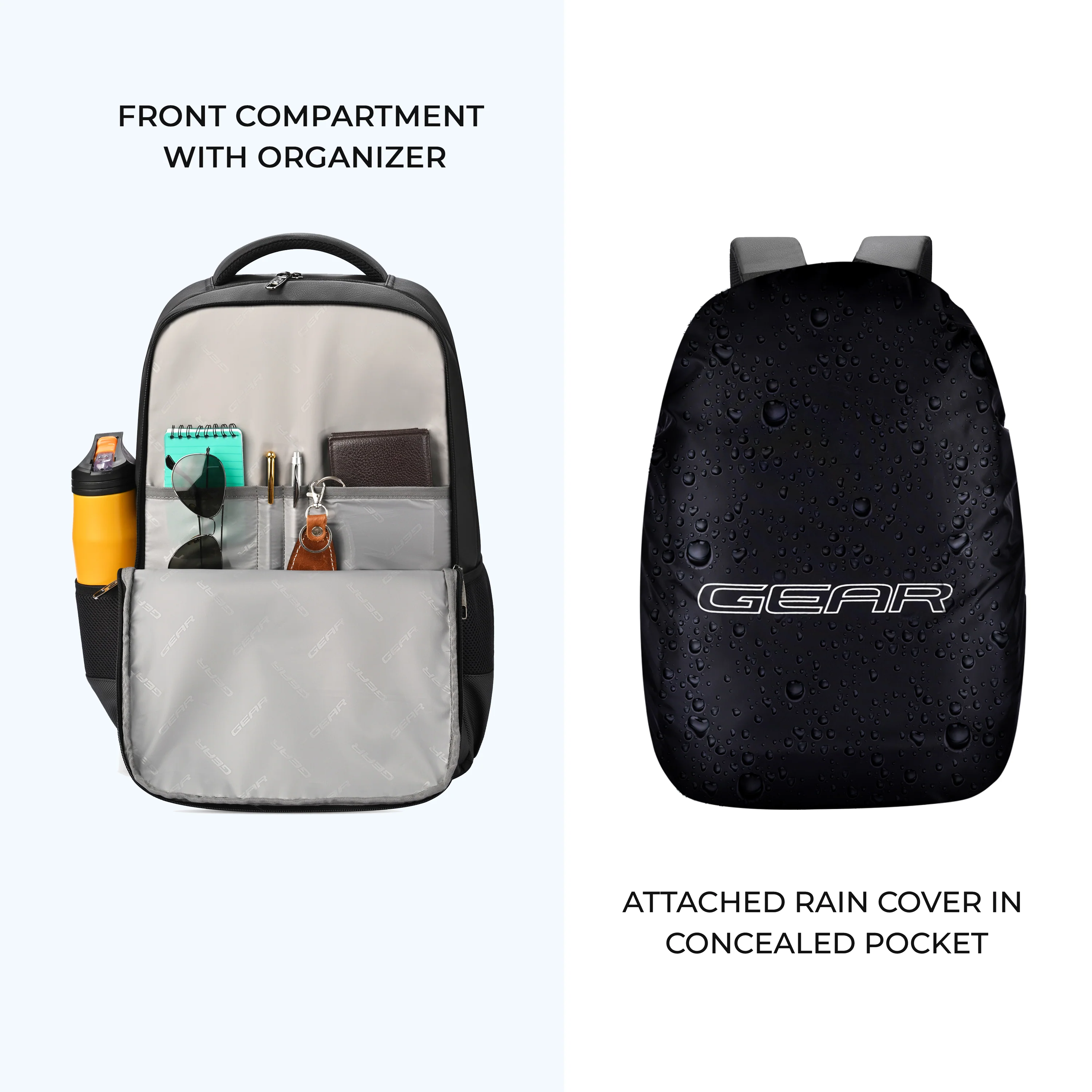 Gear Quantum 3 18"/29L Antitheft Large Faux Leather Water Resistant Laptop backpack with Raincover/Laptop backpack/Casual Backpack/Daypack/Travel Backpack/College Bag For Men/Women(Black-Black) - Image 5