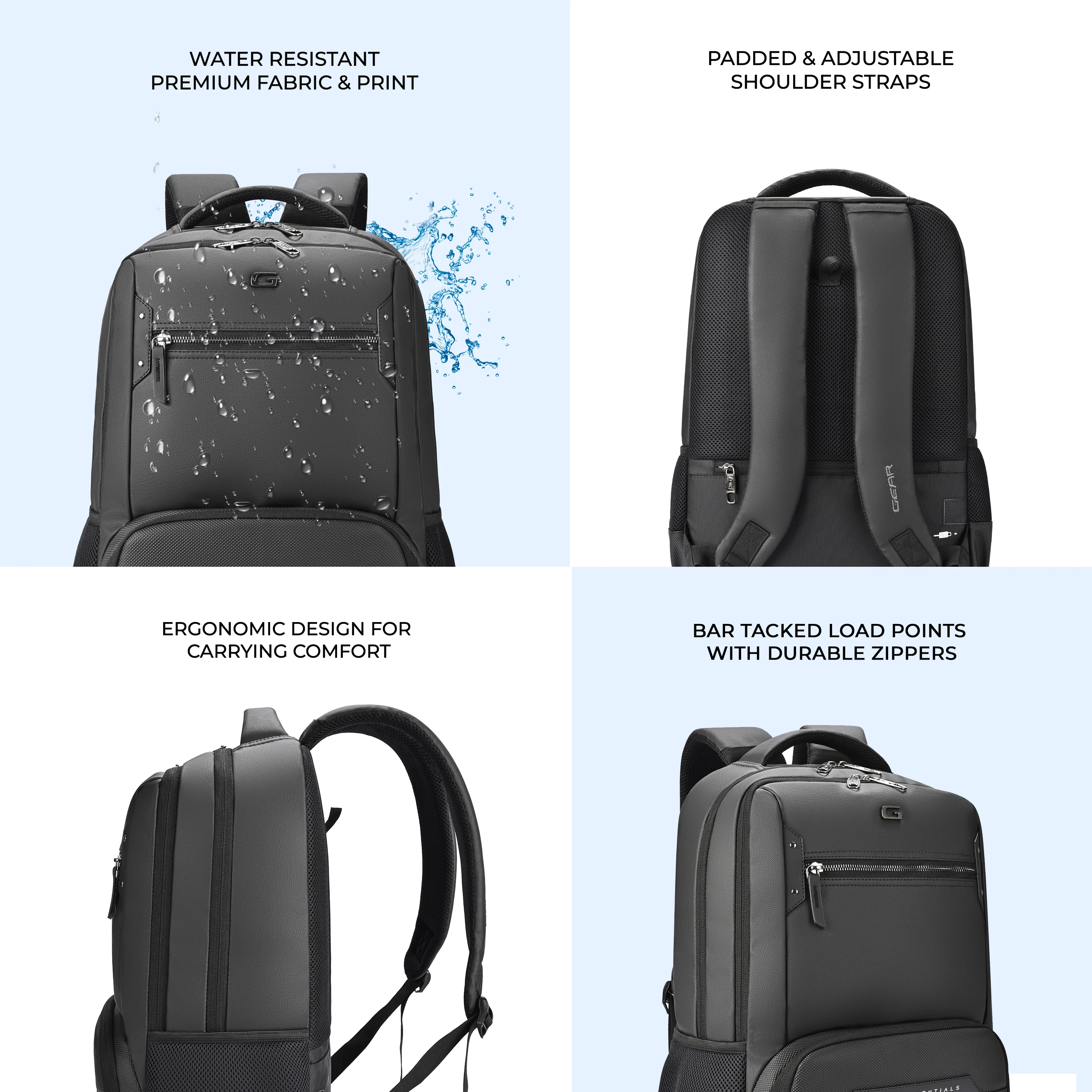 Gear Quantum 3 18"/29L Antitheft Large Faux Leather Water Resistant Laptop backpack with Raincover/Laptop backpack/Casual Backpack/Daypack/Travel Backpack/College Bag For Men/Women(Black-Black) - Image 6
