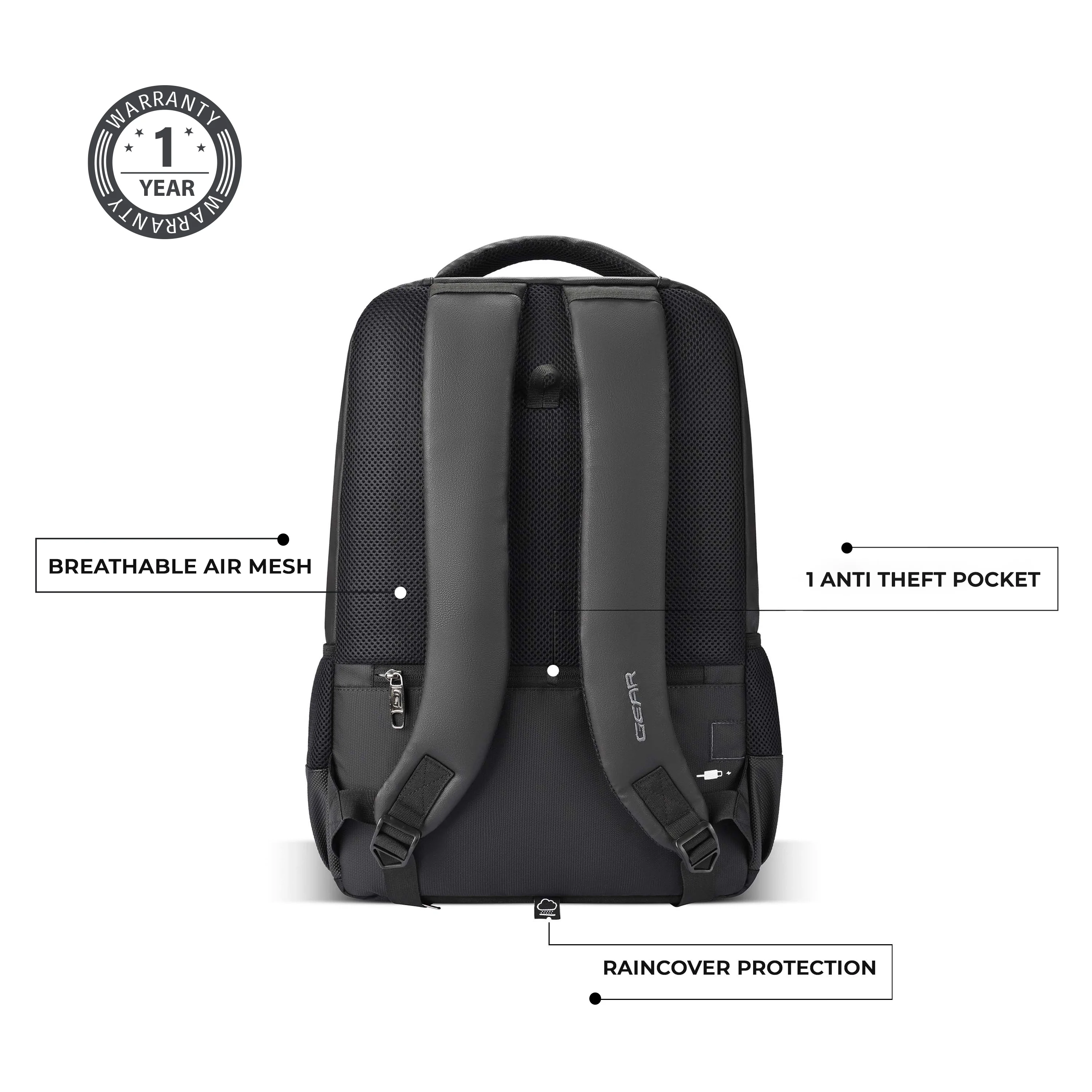 Gear Quantum 3 18"/29L Antitheft Large Faux Leather Water Resistant Laptop backpack with Raincover/Laptop backpack/Casual Backpack/Daypack/Travel Backpack/College Bag For Men/Women(Black-Black) - Image 8