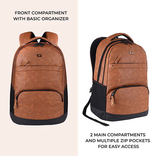 Gear Vintage 2 18"/28L Large Anti Theft Faux Leather Water Resitant Laptop Backpack/Office Bag/ Casual Bag/Travel Backpack for Men/Women (Tan - Black) - Image 4