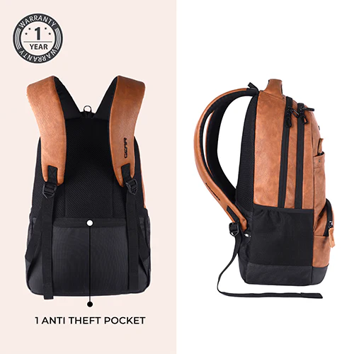 Gear Vintage 2 18"/28L Large Anti Theft Faux Leather Water Resitant Laptop Backpack/Office Bag/ Casual Bag/Travel Backpack for Men/Women (Tan - Black) - Image 5