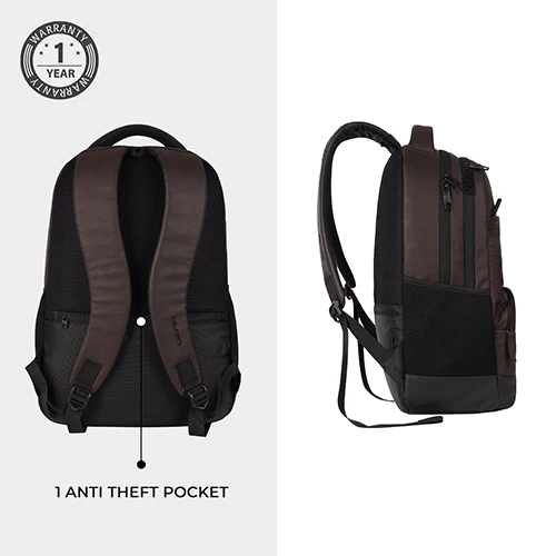 Gear Vintage 2 18"/28L Large Anti Theft Faux Leather Water Resitant Laptop Backpack/Office Bag/ Casual Bag/Travel Backpack for Men/Women (Brown - Black) - Image 3