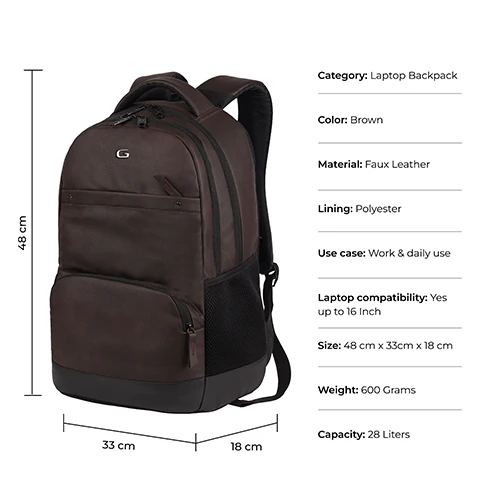 Gear Vintage 2 18"/28L Large Anti Theft Faux Leather Water Resitant Laptop Backpack/Office Bag/ Casual Bag/Travel Backpack for Men/Women (Brown - Black) - Image 4